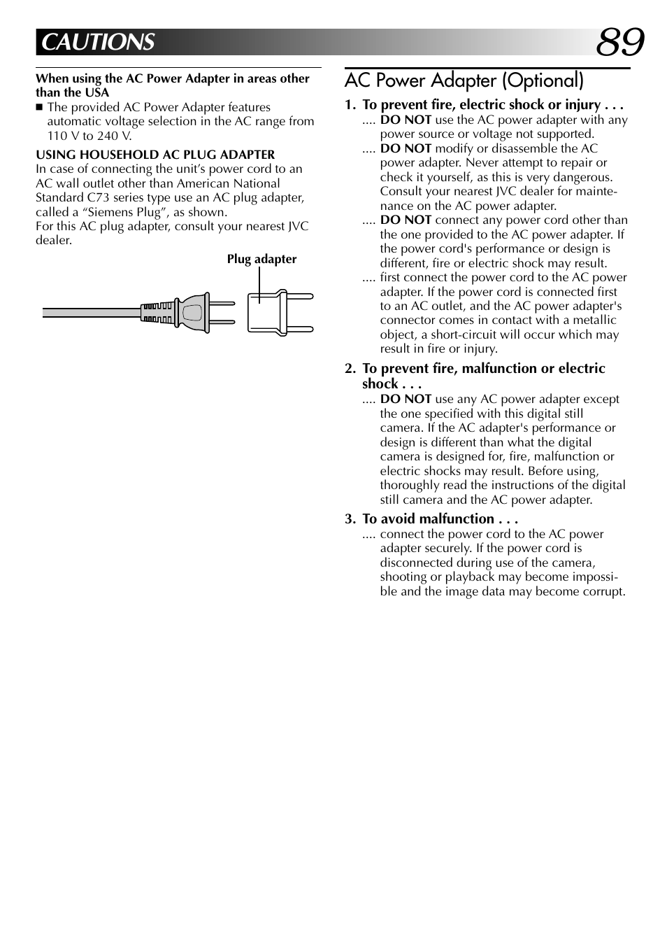 Cautions, Ac power adapter (optional) | JVC GC-QX3 User Manual | Page 89 / 96