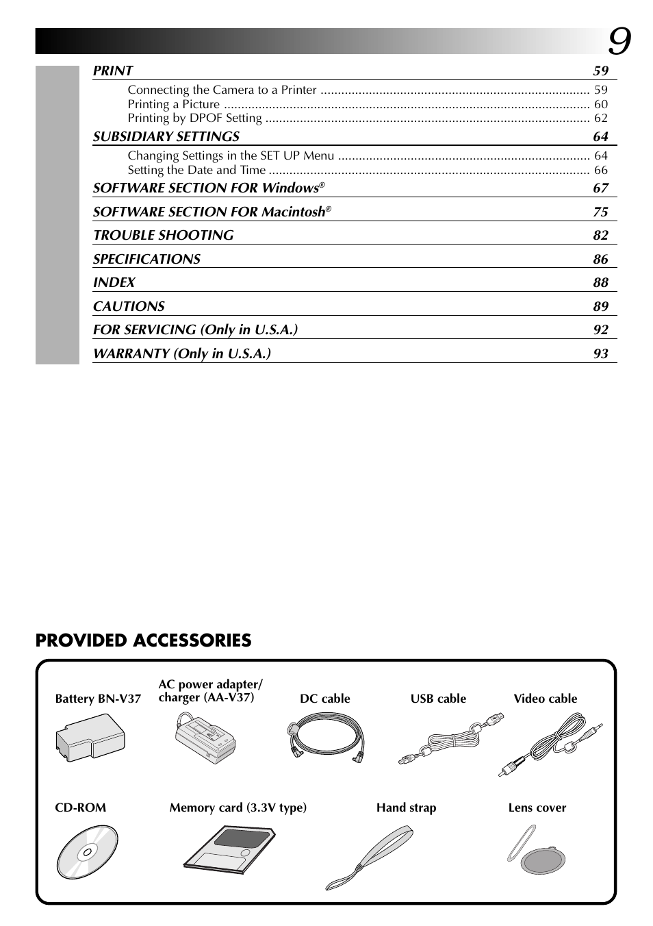 Provided accessories | JVC GC-QX3 User Manual | Page 9 / 96