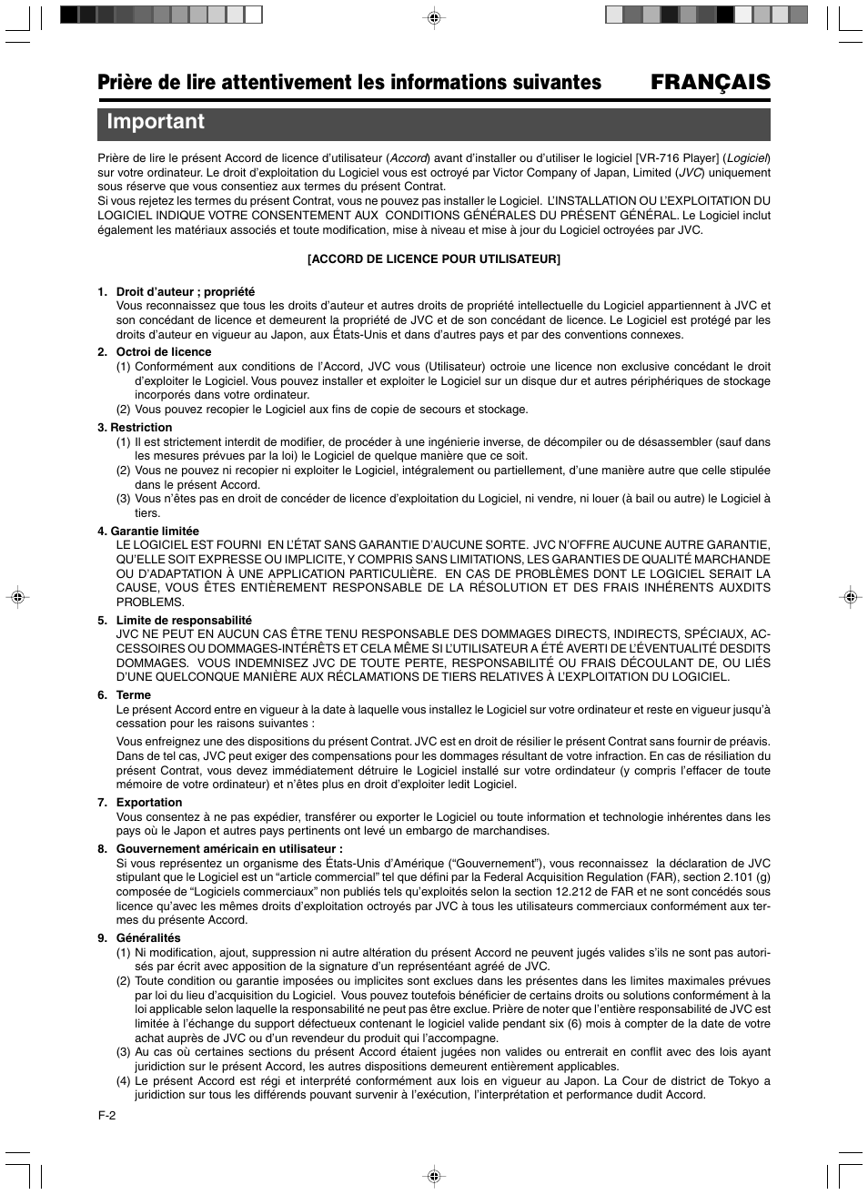 Francais, Important | JVC VR-716 User Manual | Page 10 / 22