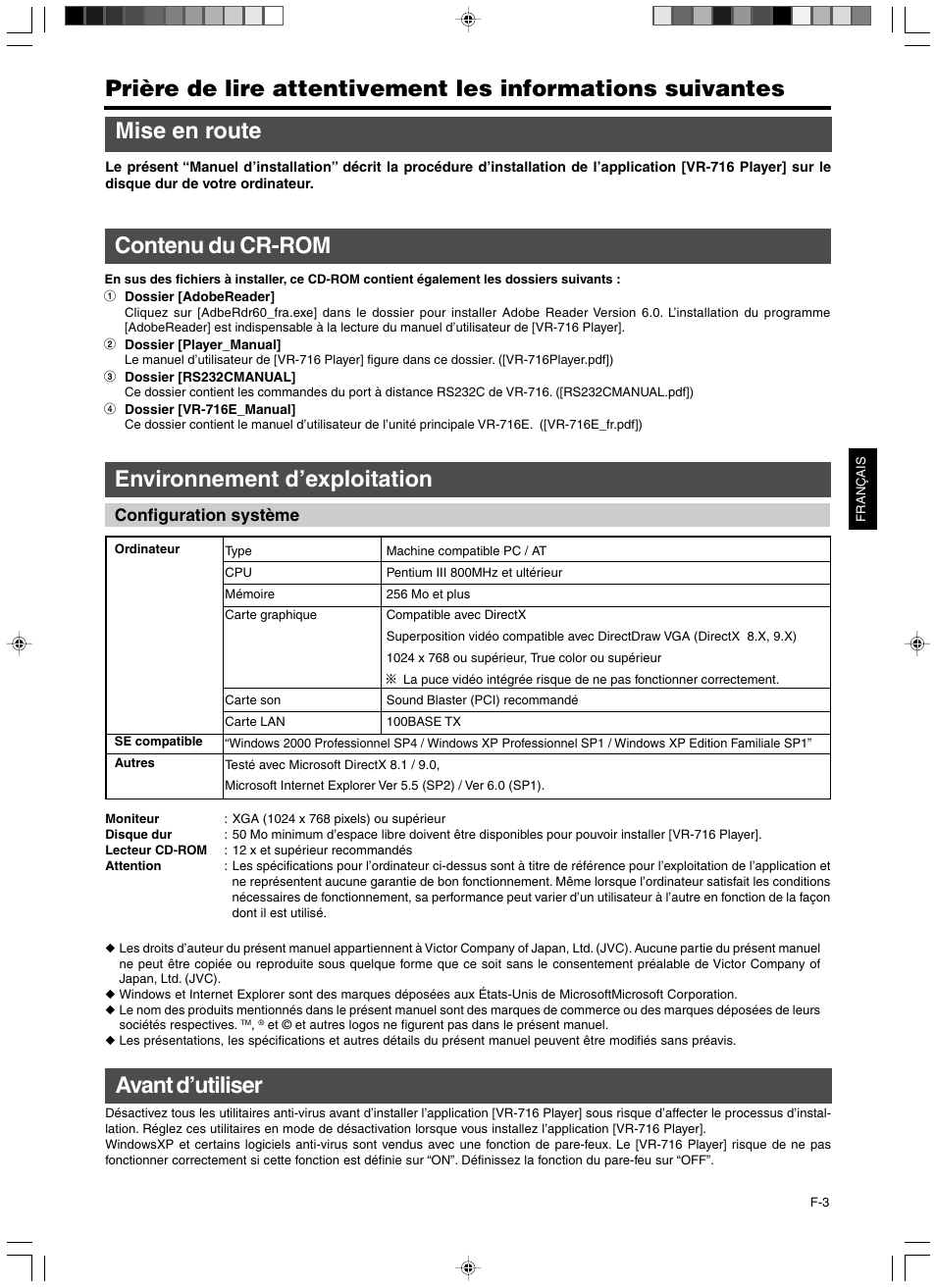 Mise en route, Contenu du cr-rom, Environnement d’exploitation | Avant d’utiliser | JVC VR-716 User Manual | Page 11 / 22