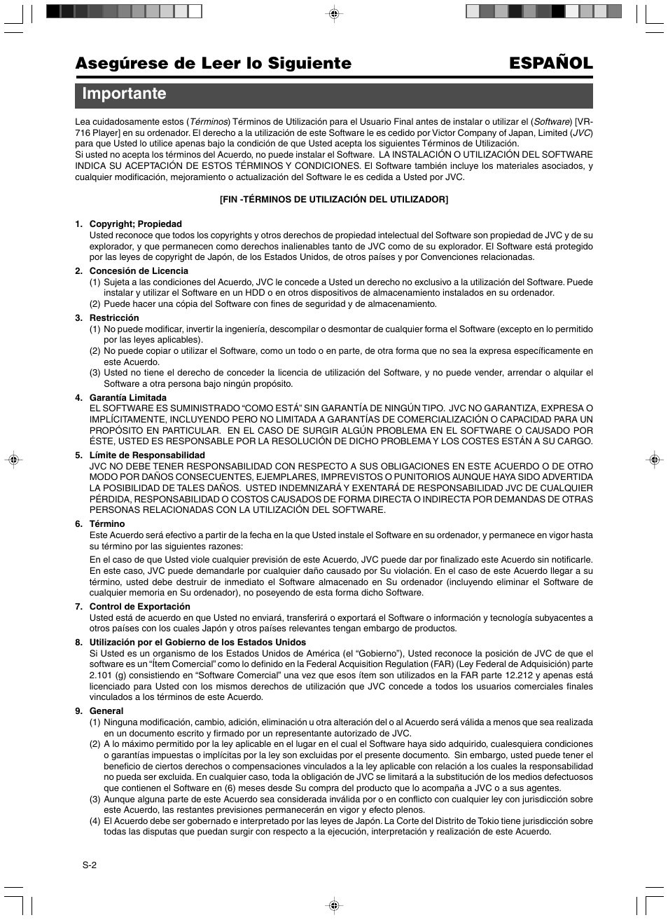 Espanol, Asegurese de leer lo siguiente, Importante | Español asegúrese de leer lo siguiente importante | JVC VR-716 User Manual | Page 14 / 22