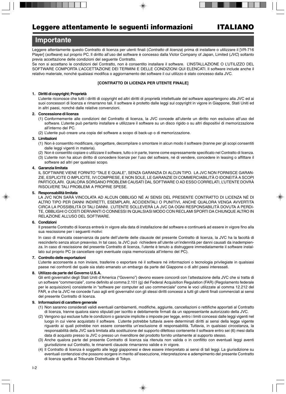 Italiano, Leggere attentamente le seguenti informazioni, Importante | JVC VR-716 User Manual | Page 18 / 22