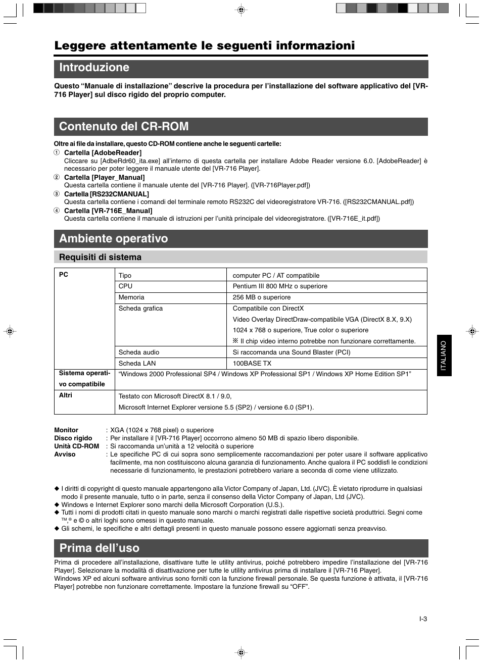 Introduzione, Contenuto del cr-rom, Ambiente operativo | Prima dell’uso | JVC VR-716 User Manual | Page 19 / 22