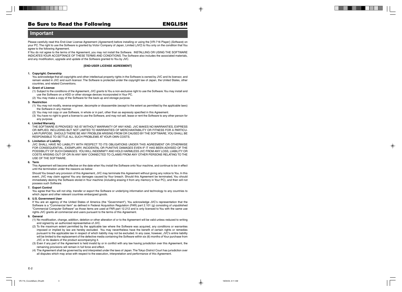 English, Be sure to read the following, Important | Be sure to read the following important | JVC VR-716 User Manual | Page 2 / 22