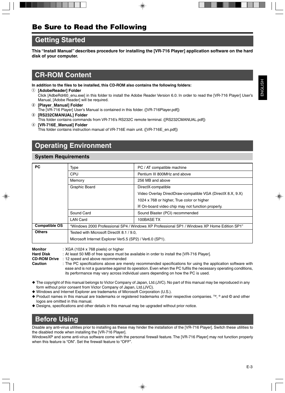 Getting started, Cr-rom content, Operating environment | Before using | JVC VR-716 User Manual | Page 3 / 22