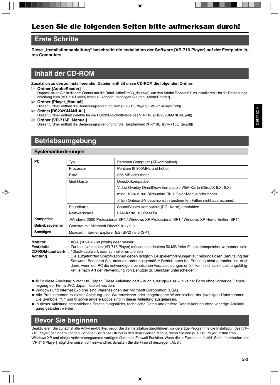 Erste schritte, Inhalt der cd-rom, Betriebsumgebung | Bevor sie beginnen | JVC VR-716 User Manual | Page 7 / 22