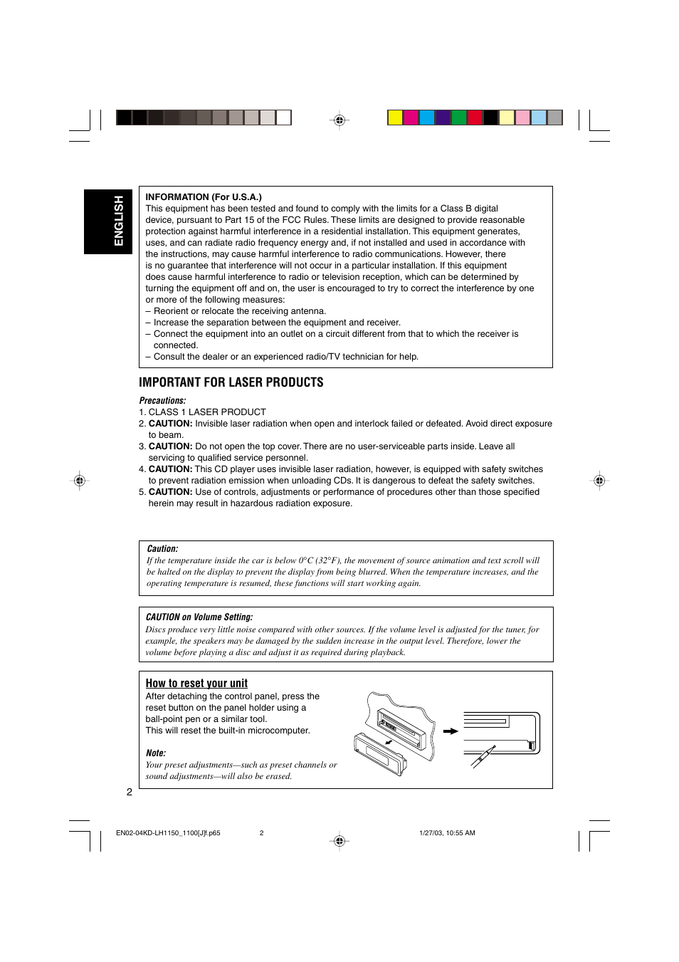 Important for laser products, English how to reset your unit | JVC KD-LH1150 User Manual | Page 2 / 50