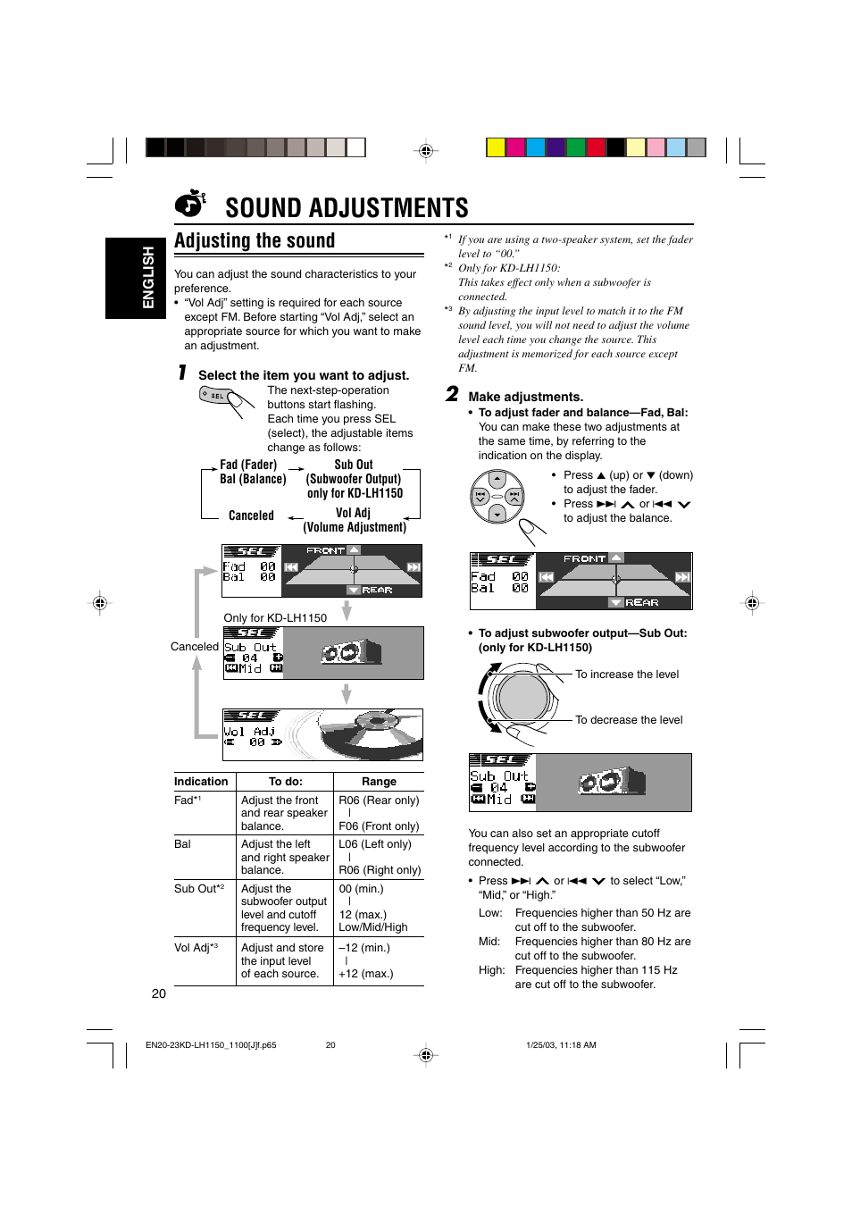 Sound adjustments, Adjusting the sound, English | JVC KD-LH1150 User Manual | Page 20 / 50
