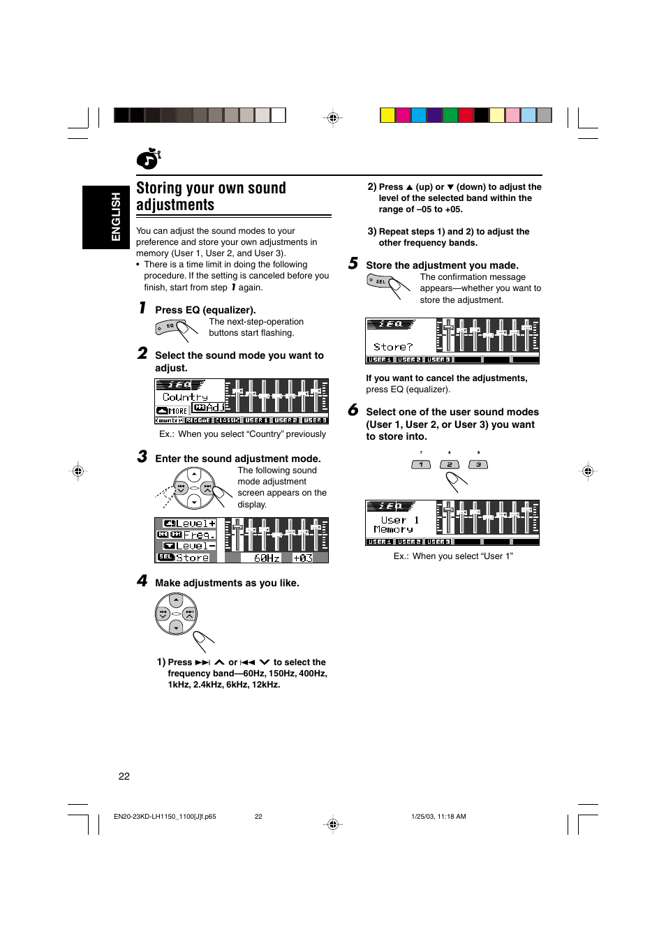 Storing your own sound adjustments | JVC KD-LH1150 User Manual | Page 22 / 50