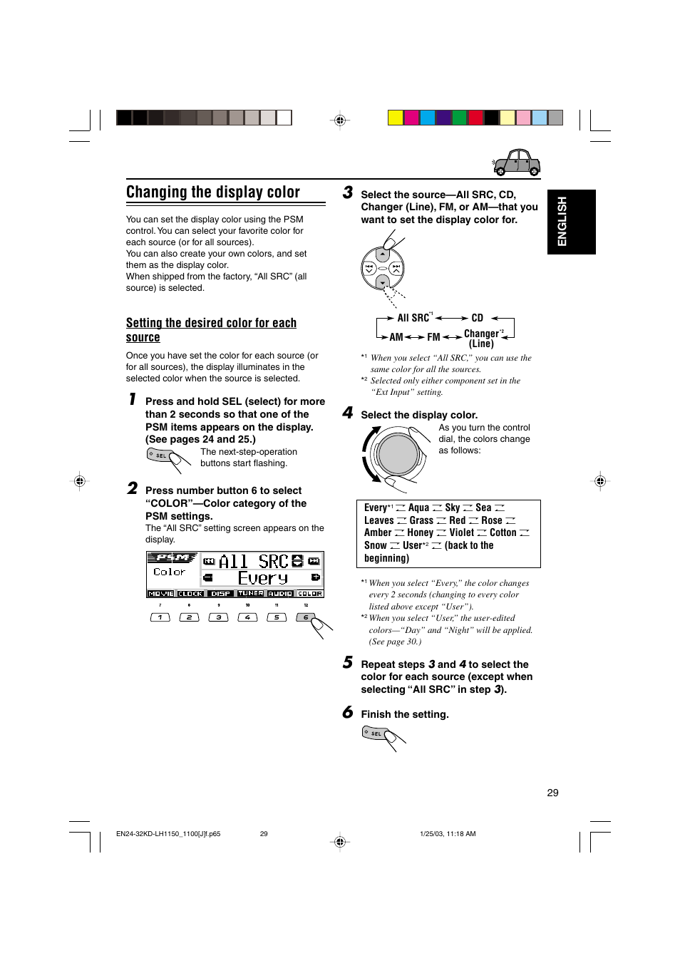 Changing the display color, Setting the desired color for each source | JVC KD-LH1150 User Manual | Page 29 / 50