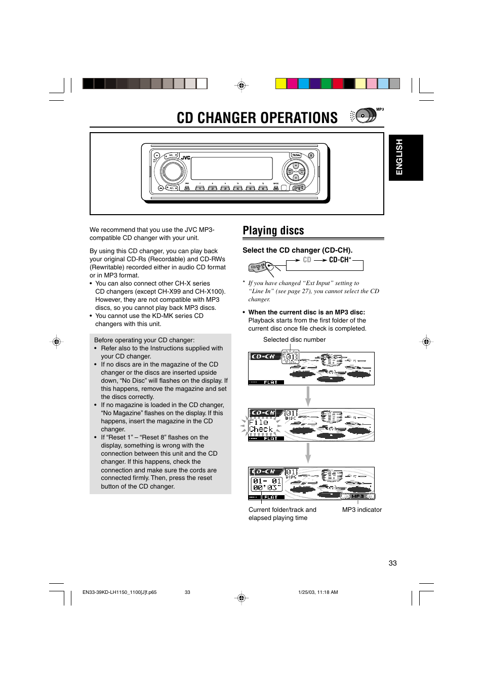 Cd changer operations, Playing discs | JVC KD-LH1150 User Manual | Page 33 / 50