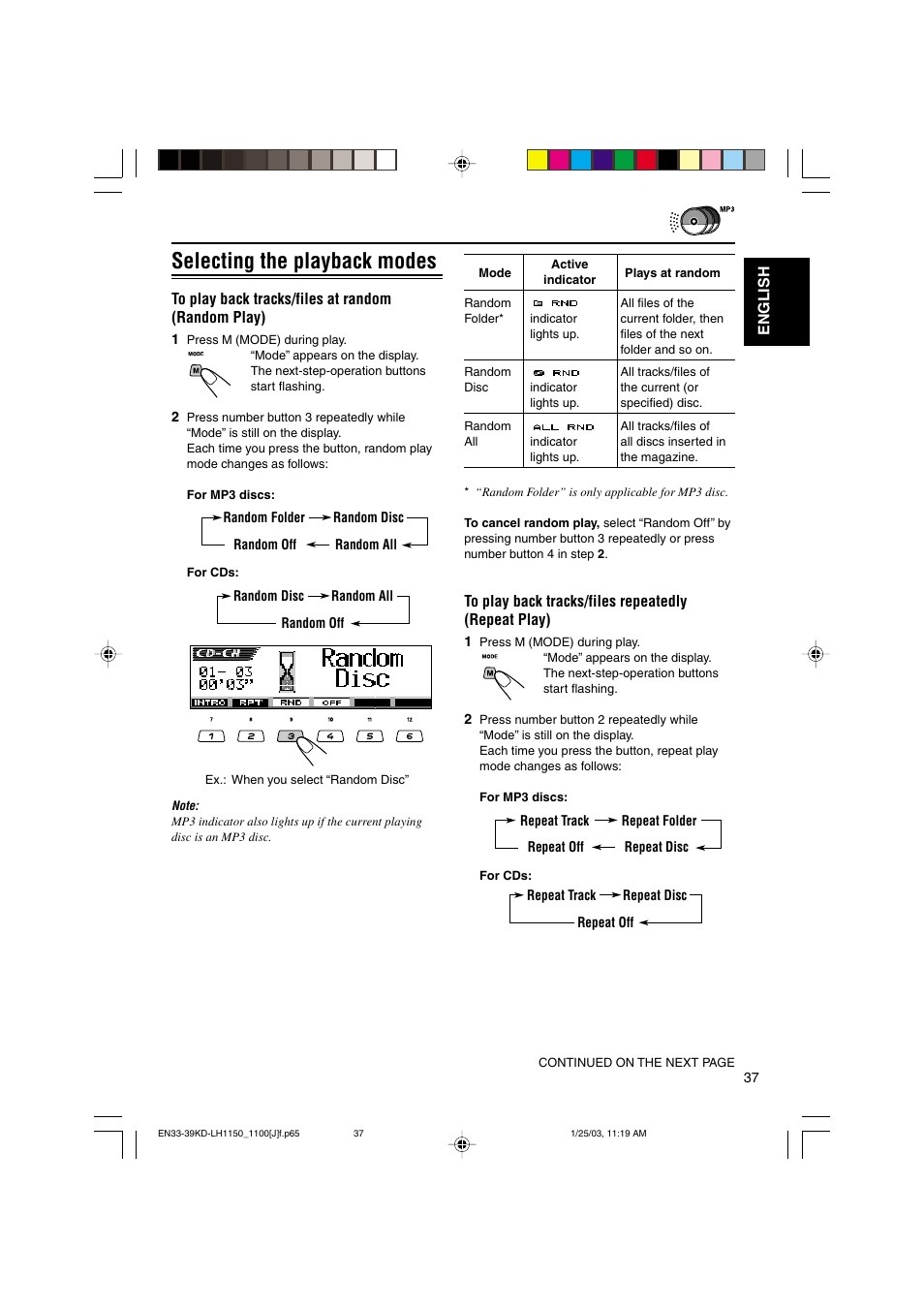 Selecting the playback modes | JVC KD-LH1150 User Manual | Page 37 / 50