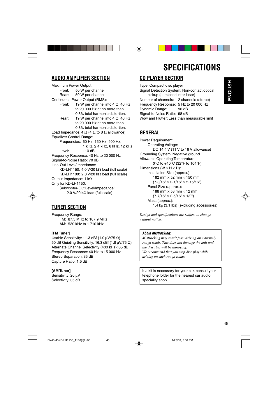 Specifications, General, English | JVC KD-LH1150 User Manual | Page 45 / 50