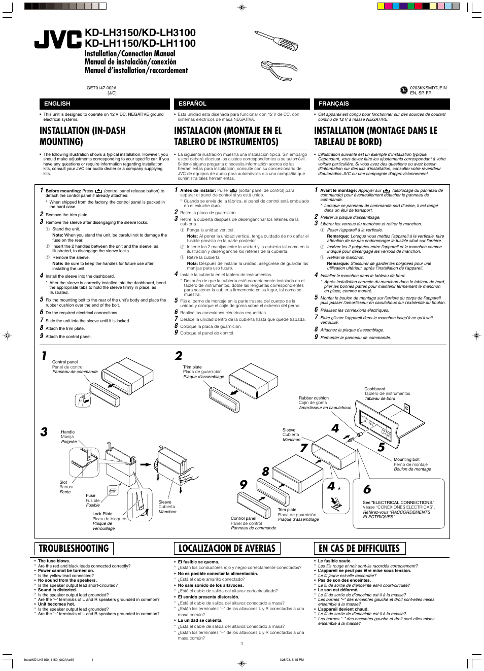 Installation/connection manual, Installation, Troubleshooting | Installation (montage dans le tableau de bord), Installation (in-dash mounting), Localizacion de averias, En cas de difficultes | JVC KD-LH1150 User Manual | Page 47 / 50