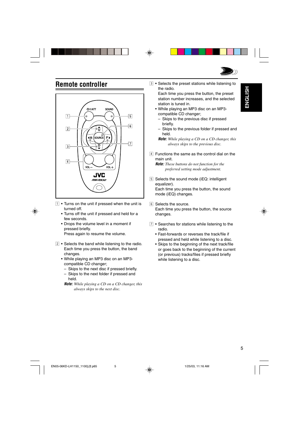 Remote controller, English | JVC KD-LH1150 User Manual | Page 5 / 50