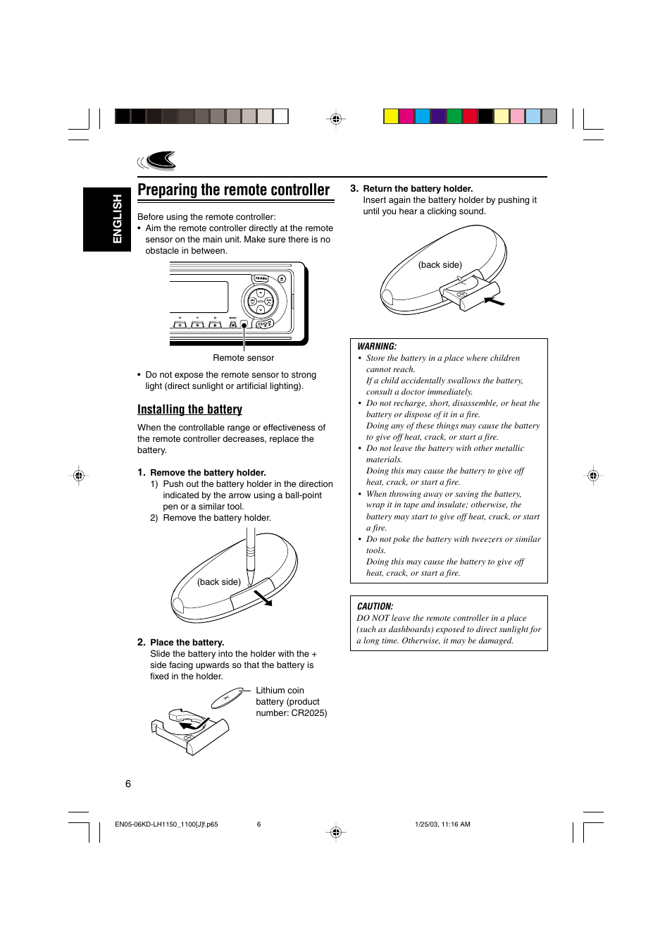 Preparing the remote controller, Installing the battery, English | JVC KD-LH1150 User Manual | Page 6 / 50