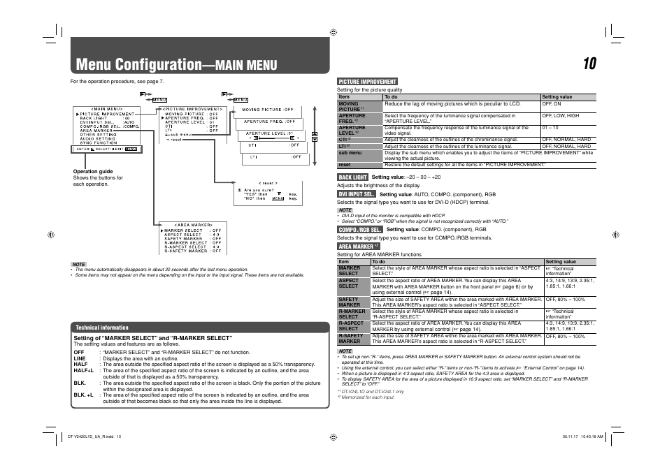 Menu configuration—main menu, Menu configuration, Main menu | JVC DT-V24L1 User Manual | Page 10 / 20