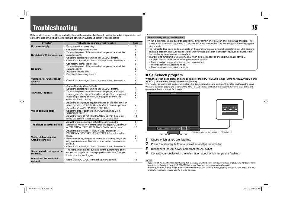 Troubleshooting, 7 self-check program | JVC DT-V24L1 User Manual | Page 16 / 20
