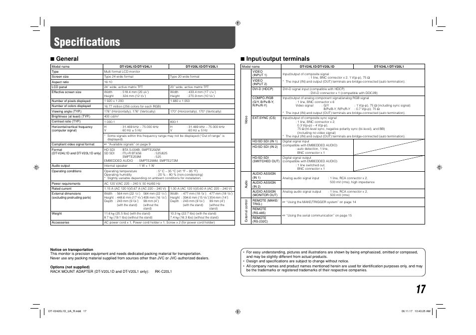 Specifications, 7 general, 7 input/output terminals | JVC DT-V24L1 User Manual | Page 17 / 20