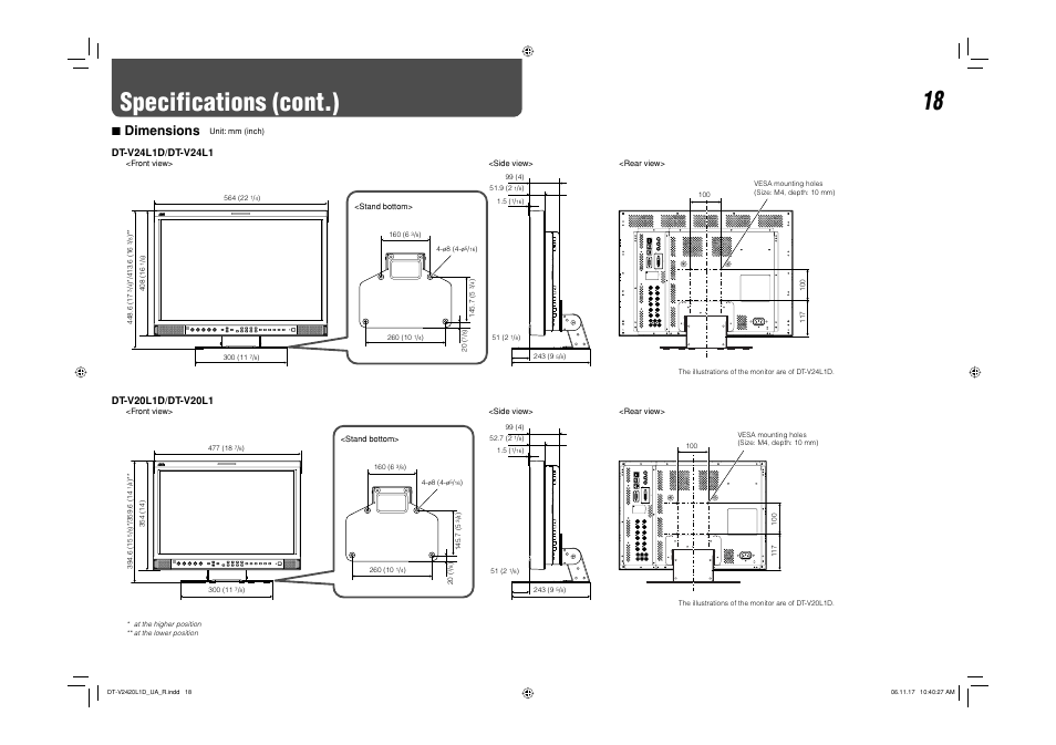 Specifications (cont.), 7 dimensions | JVC DT-V24L1 User Manual | Page 18 / 20