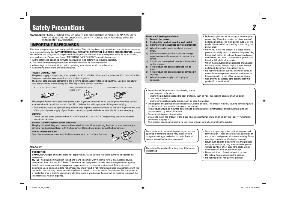 Safety precautions, Important safeguards | JVC DT-V24L1 User Manual | Page 2 / 20