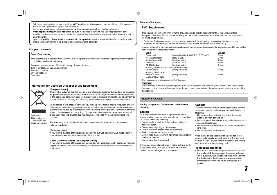 Maintenance | JVC DT-V24L1 User Manual | Page 3 / 20