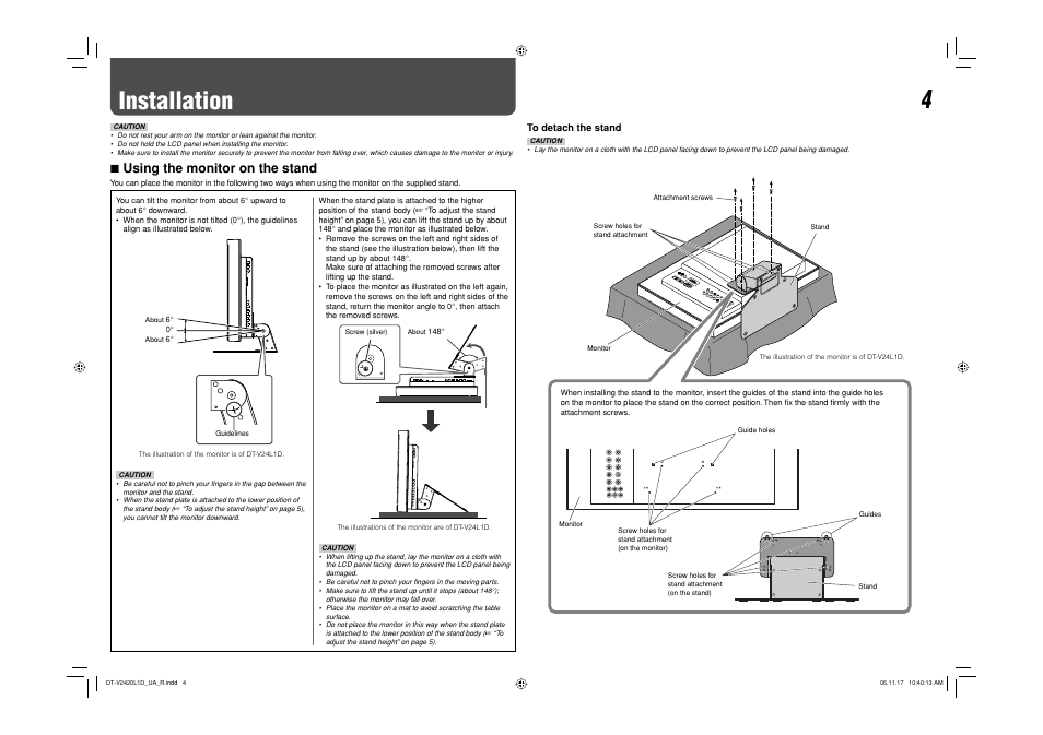 Installation, 7 using the monitor on the stand | JVC DT-V24L1 User Manual | Page 4 / 20