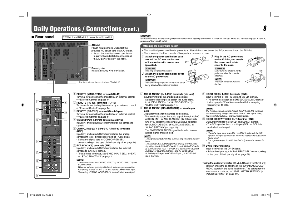 Daily operations / connections, Cont.), 7 rear panel | JVC DT-V24L1 User Manual | Page 8 / 20