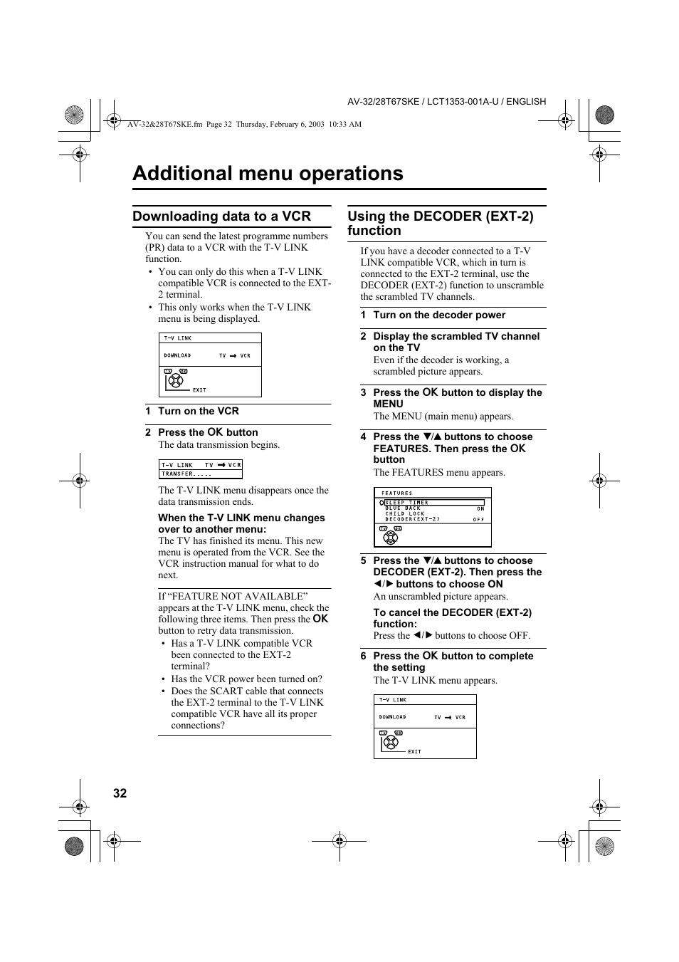 Additional menu operations, Downloading data to a vcr, Using the decoder (ext-2) function | JVC AV-32R370KE User Manual | Page 119 / 126