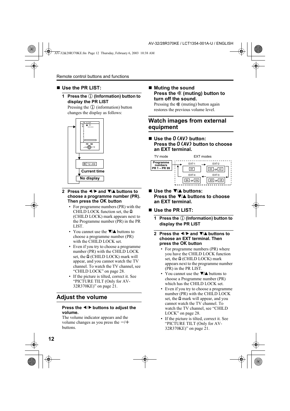 Adjust the volume, Watch images from external equipment | JVC AV-32R370KE User Manual | Page 12 / 126