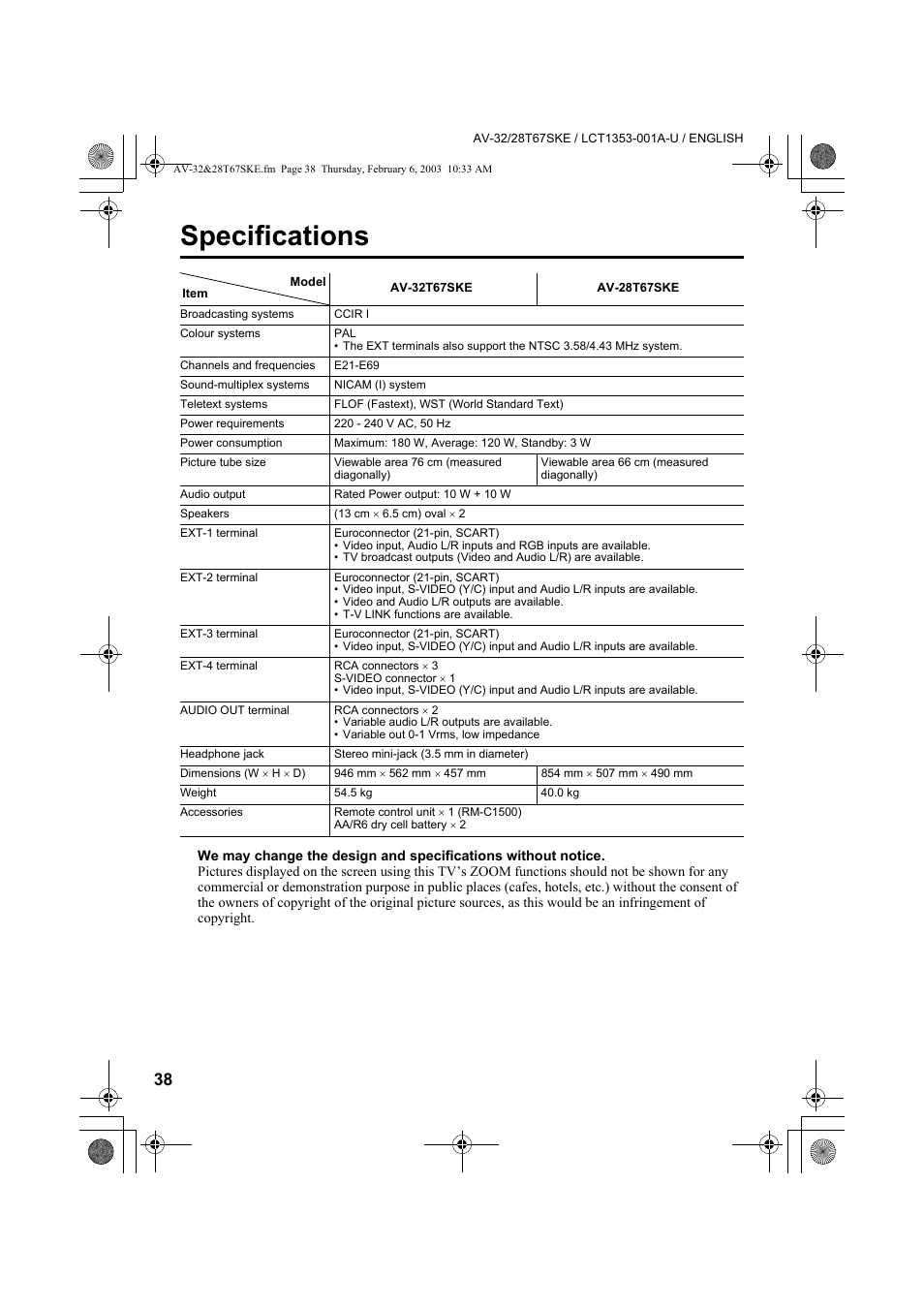 Specifications | JVC AV-32R370KE User Manual | Page 125 / 126