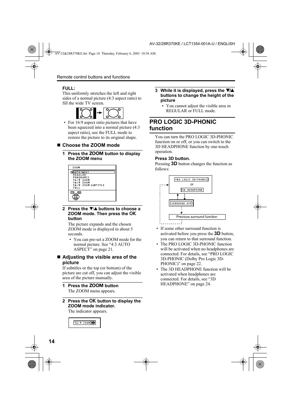 Pro logic 3d-phonic function | JVC AV-32R370KE User Manual | Page 14 / 126