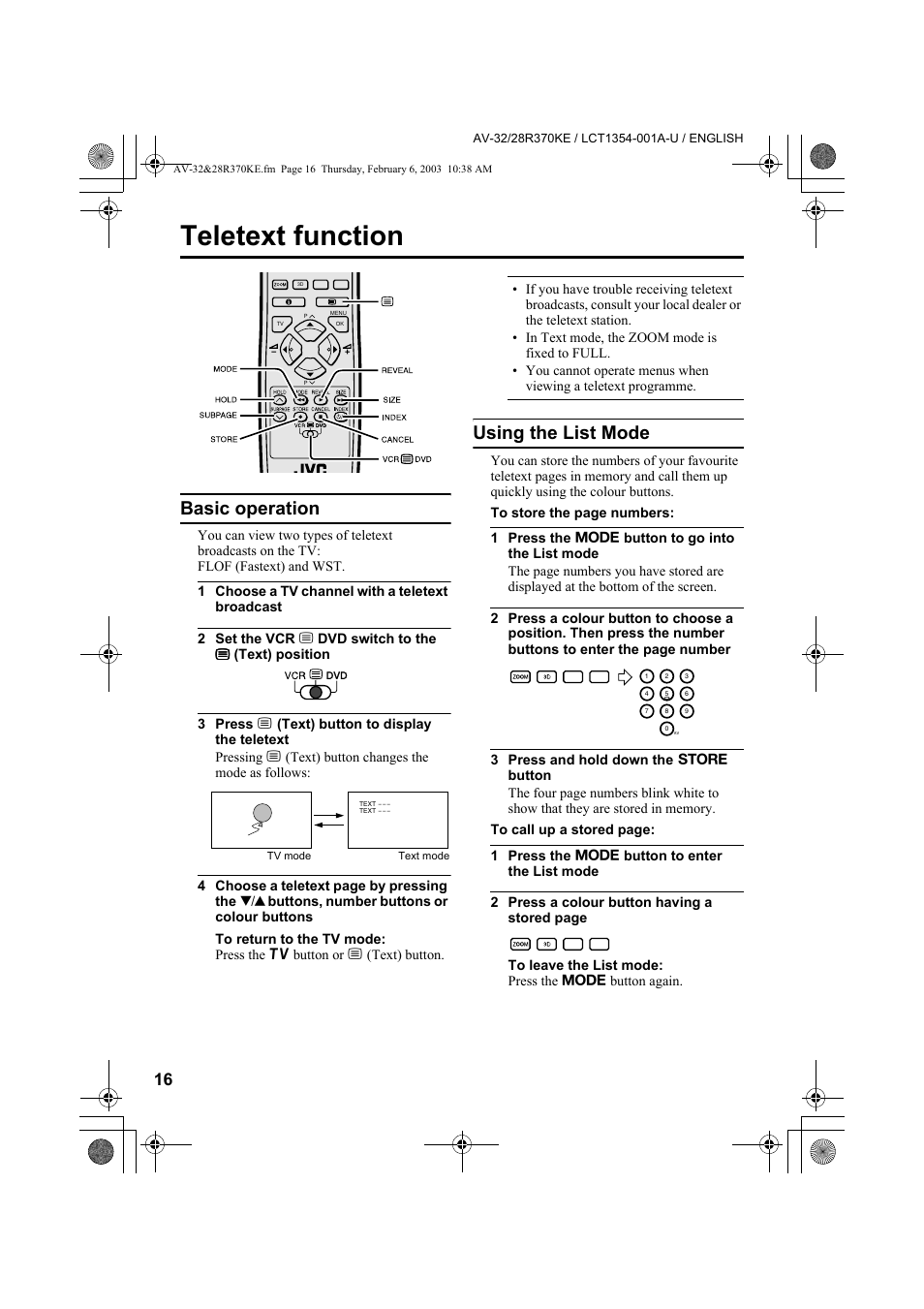 Teletext function, Basic operation, Using the list mode | JVC AV-32R370KE User Manual | Page 16 / 126
