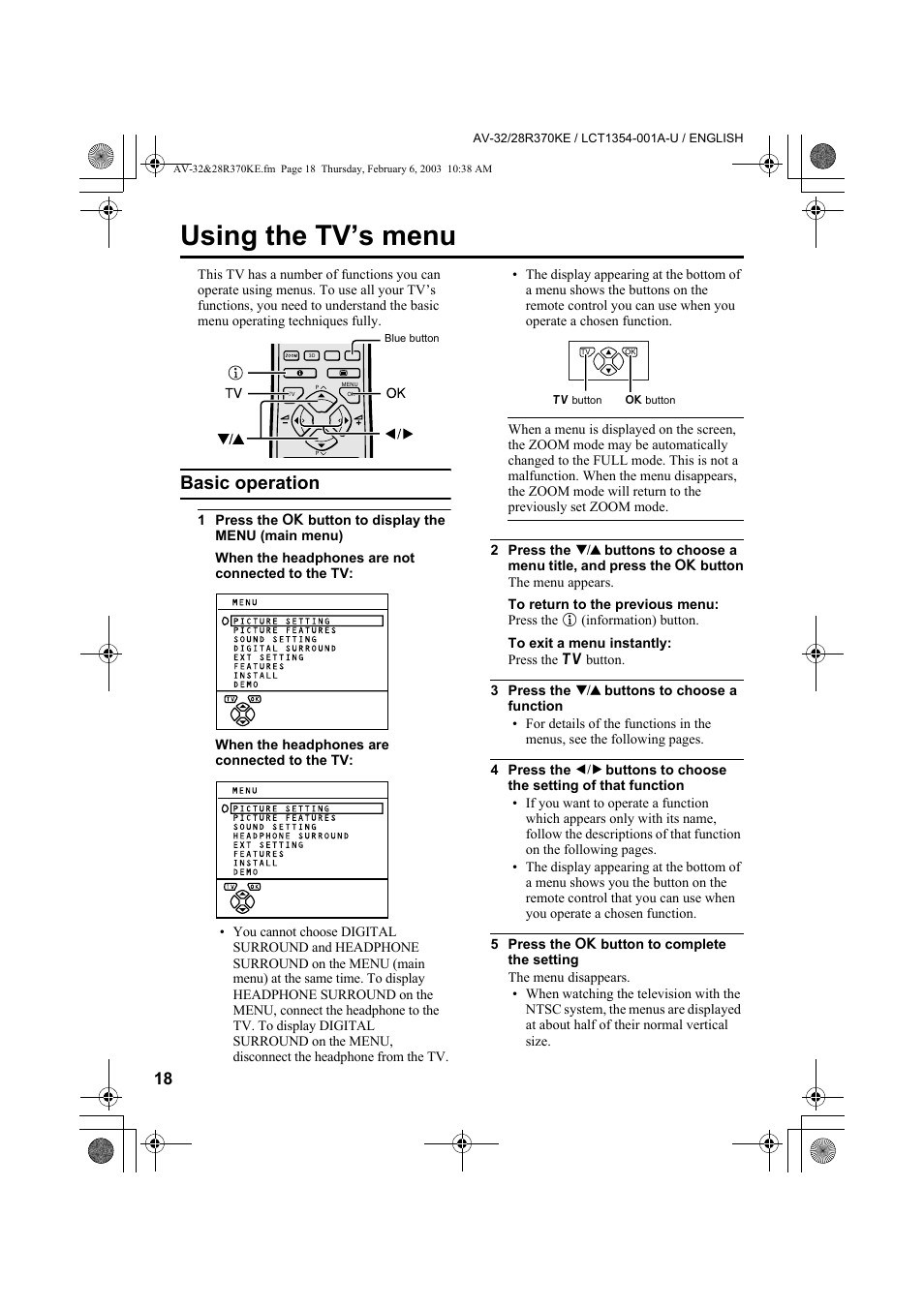 Using the tv’s menu, Basic operation | JVC AV-32R370KE User Manual | Page 18 / 126