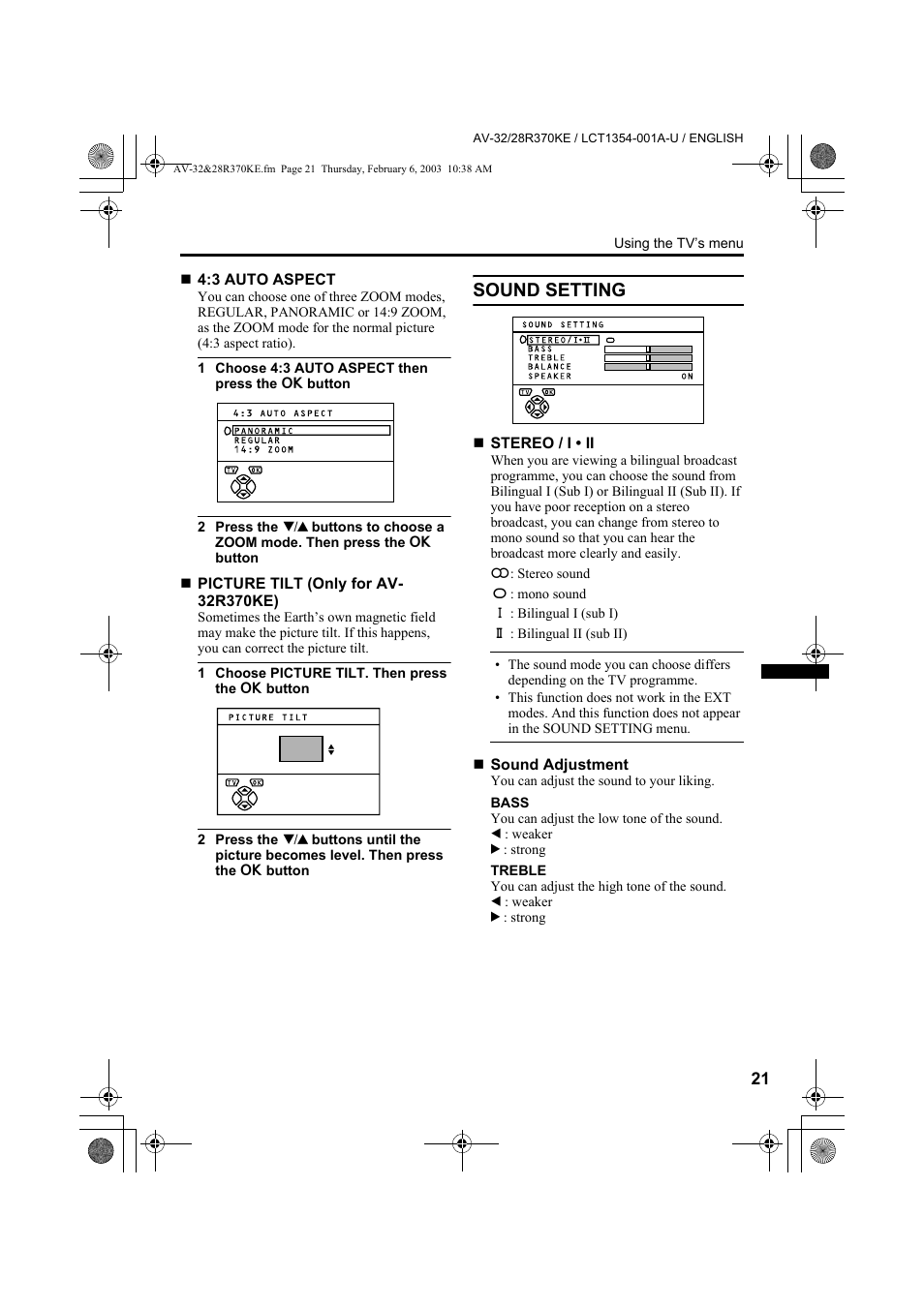 Sound setting | JVC AV-32R370KE User Manual | Page 21 / 126