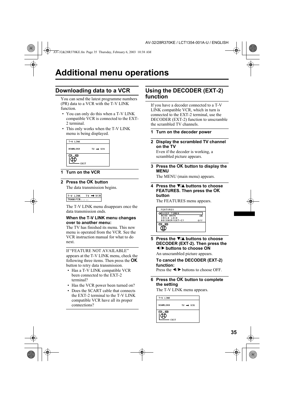 Additional menu operations, Downloading data to a vcr, Using the decoder (ext-2) function | JVC AV-32R370KE User Manual | Page 35 / 126