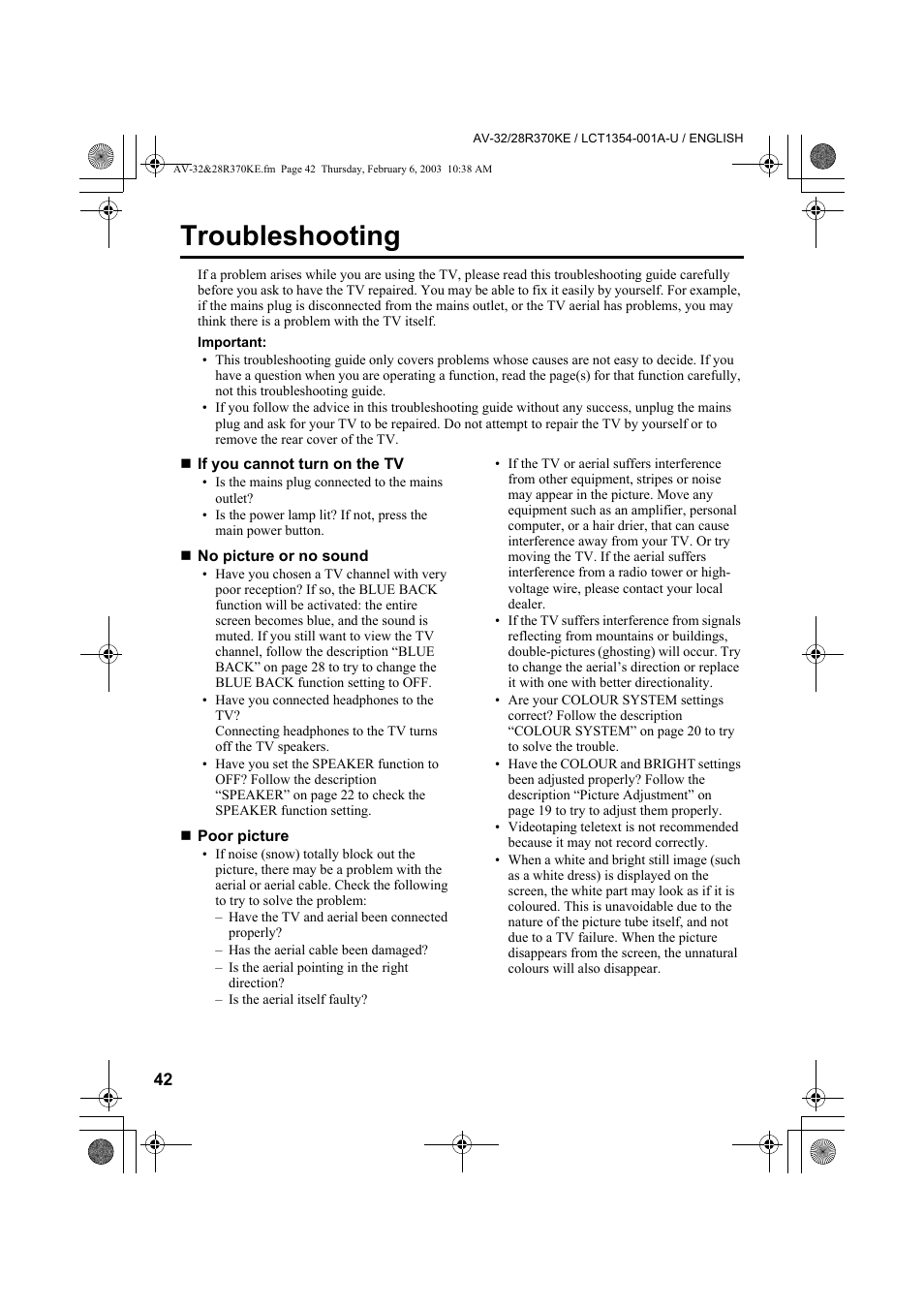 Troubleshooting | JVC AV-32R370KE User Manual | Page 42 / 126