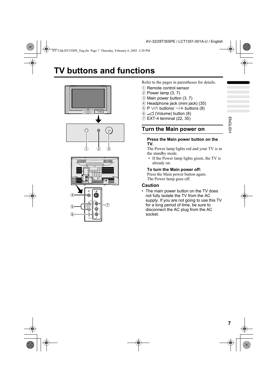 Tv buttons and functions, Turn the main power on | JVC AV-32R370KE User Manual | Page 52 / 126
