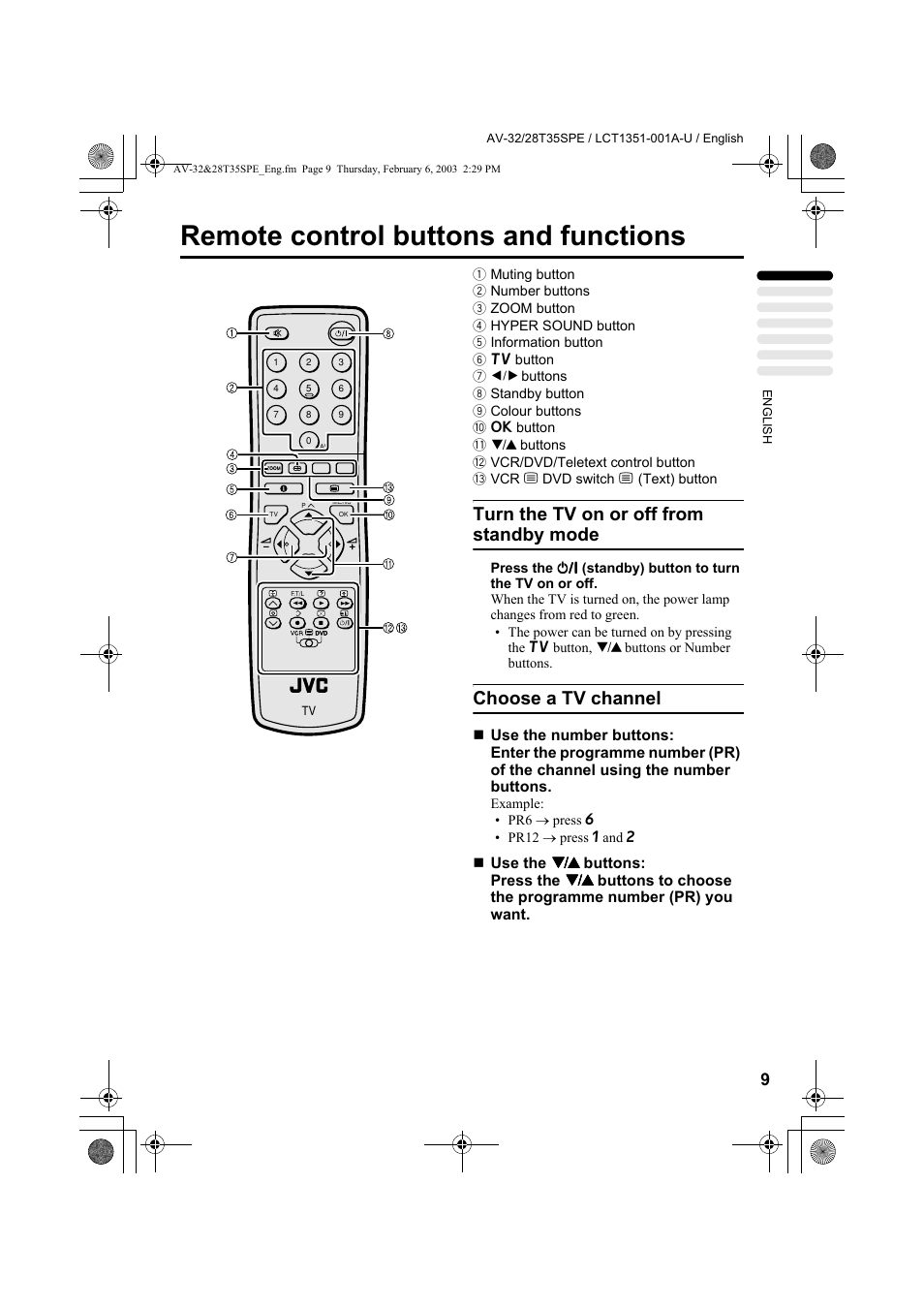 Remote control buttons and functions, Turn the tv on or off from standby mode, Choose a tv channel | JVC AV-32R370KE User Manual | Page 54 / 126