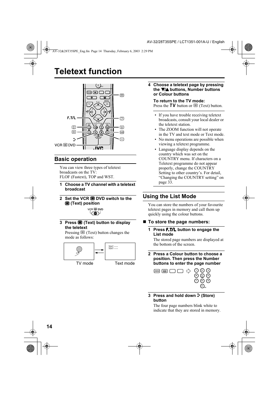 Teletext function, Basic operation, Using the list mode | JVC AV-32R370KE User Manual | Page 59 / 126