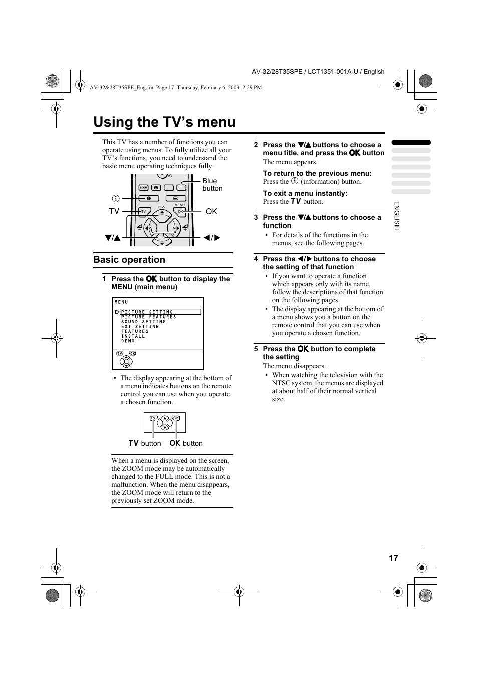 Using the tv’s menu, Basic operation | JVC AV-32R370KE User Manual | Page 62 / 126