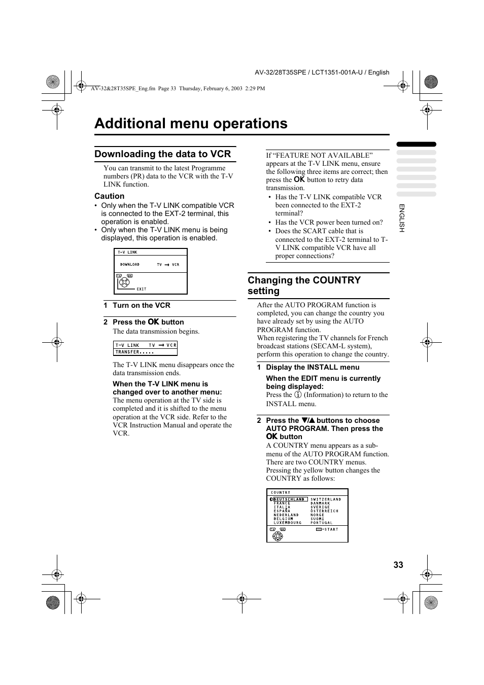 Additional menu operations, Downloading the data to vcr, Changing the country setting | JVC AV-32R370KE User Manual | Page 78 / 126