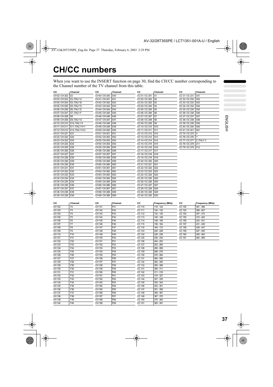 Ch/cc numbers | JVC AV-32R370KE User Manual | Page 82 / 126
