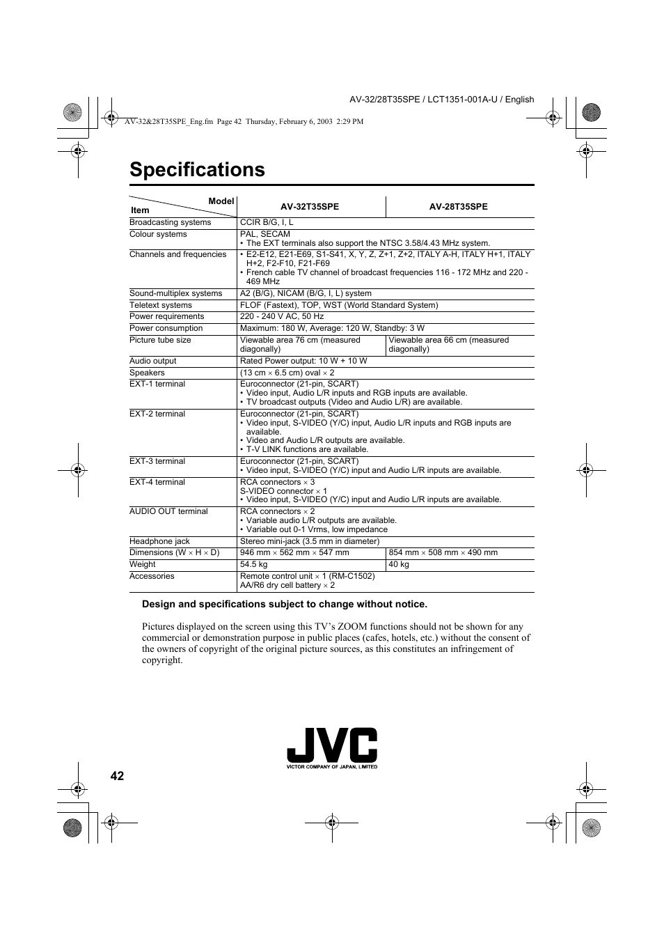 Specifications | JVC AV-32R370KE User Manual | Page 87 / 126