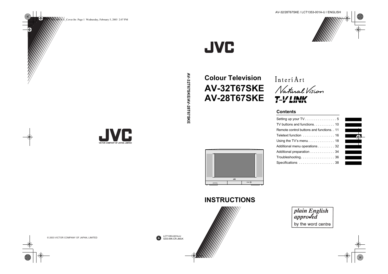 Av-32t67ske av-28t67ske, Colour television instructions | JVC AV-32R370KE User Manual | Page 88 / 126