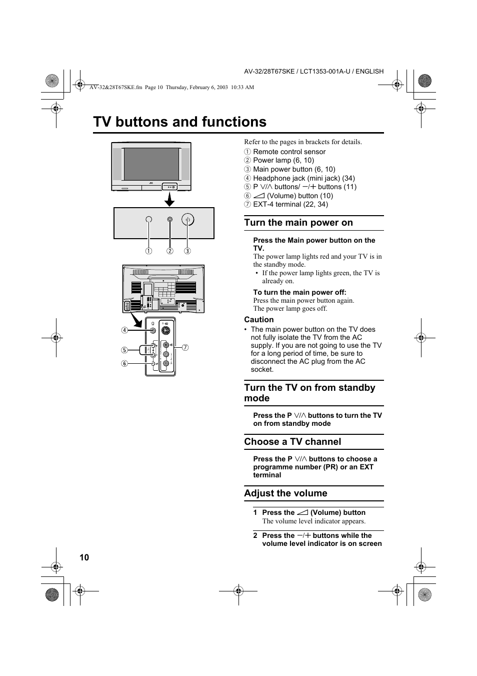 Tv buttons and functions, Turn the main power on, Turn the tv on from standby mode | Choose a tv channel, Adjust the volume | JVC AV-32R370KE User Manual | Page 97 / 126