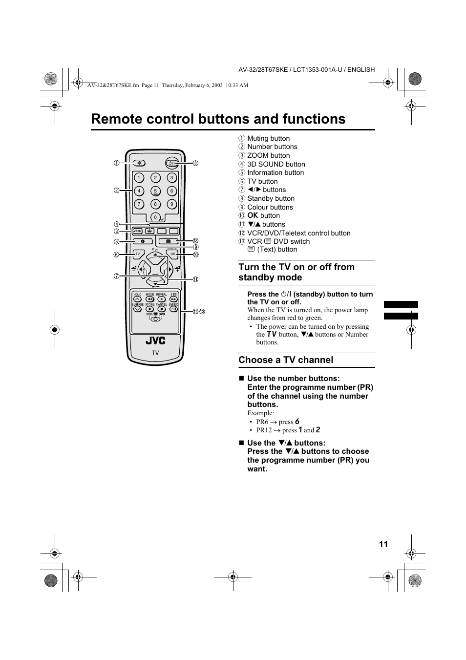 Remote control buttons and functions, Turn the tv on or off from standby mode, Choose a tv channel | JVC AV-32R370KE User Manual | Page 98 / 126
