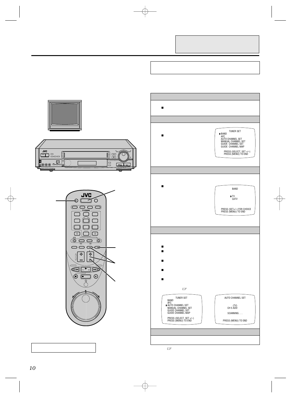 Setting up your vcr (cont'd), Setting your vcr's tuner, Por instrucciones en español vea p. 40 – 41 | Turn on the vcr, Access the on-screen menu, Select the band, Start auto set, Return to the tv screen | JVC HR-IP820U User Manual | Page 10 / 80