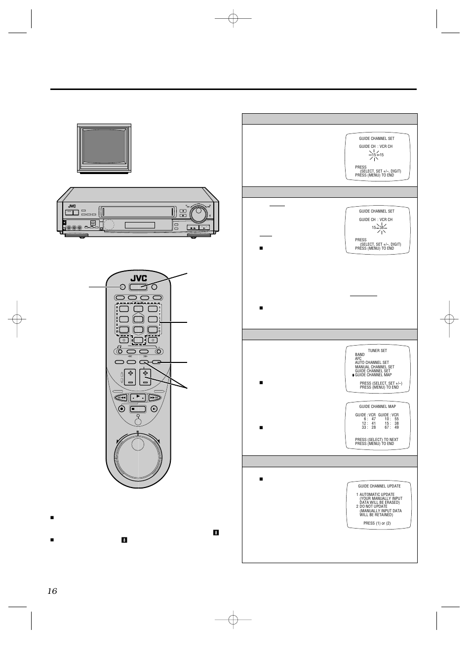 Setting up your vcr (cont'd), Input the guide channel, Input the receiving channel | Check the guide channel map, Return to the tv screen | JVC HR-IP820U User Manual | Page 16 / 80
