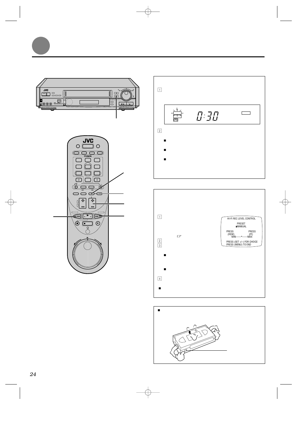Recording (cont'd), Instant timer recording, Hi-fi audio recording level control | Accidental erasure prevention | JVC HR-IP820U User Manual | Page 24 / 80